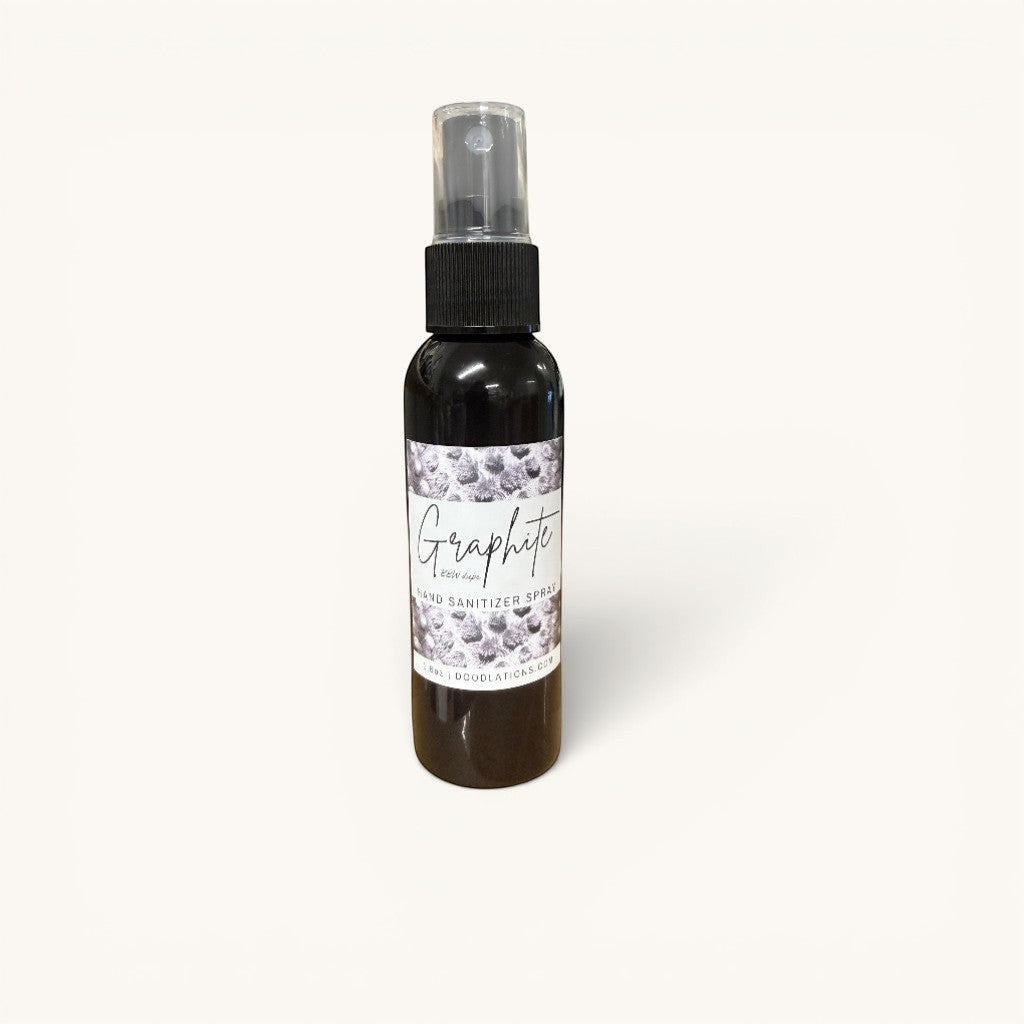 Doodlations Coffee Bar & Boutique Graphite hand sanitizer spray bottle with a black cap and label.