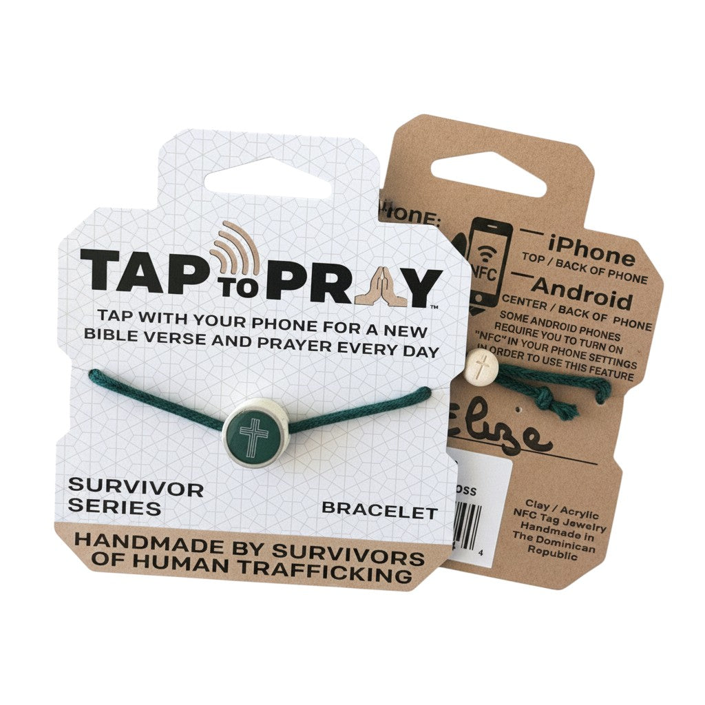 Doodlations Coffee Bar & Boutique green cord bracelet with clay tag featuring a green cross and NFC chip for daily Bible verses.