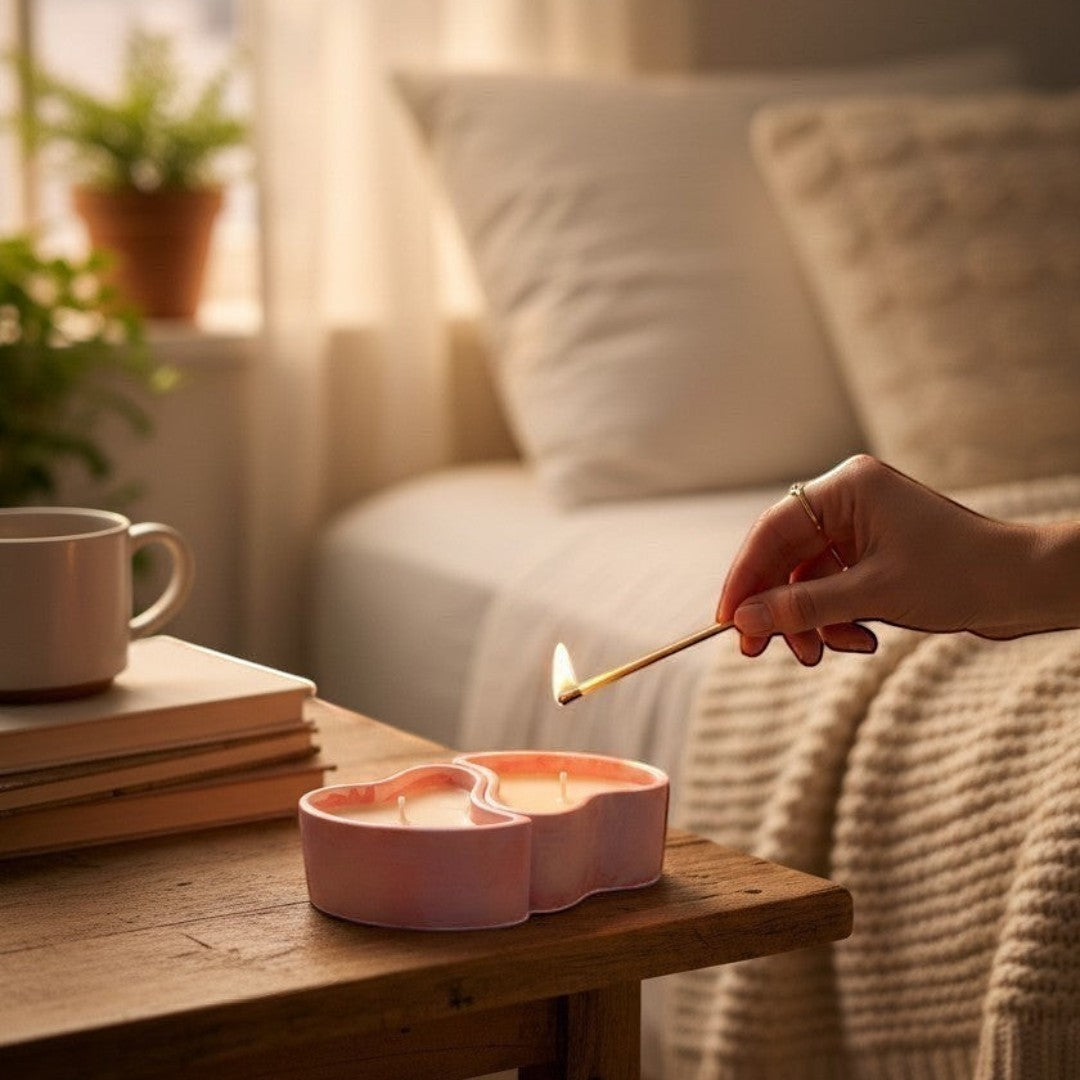 Doodlations Coffee Bar & Boutique heart-shaped concrete candle with salted honey soy wax, pink marbled finish.