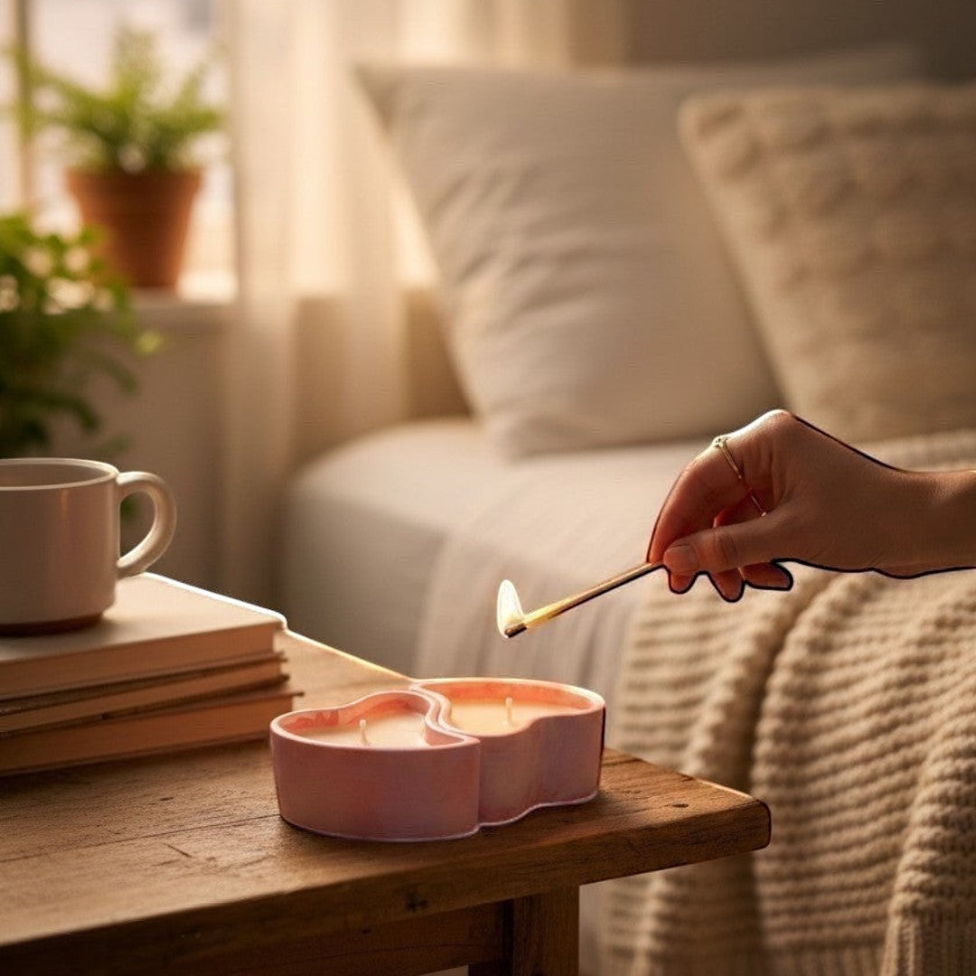 Doodlations Coffee Bar & Boutique heart-shaped concrete candle with salted honey soy wax, pink marbled finish.