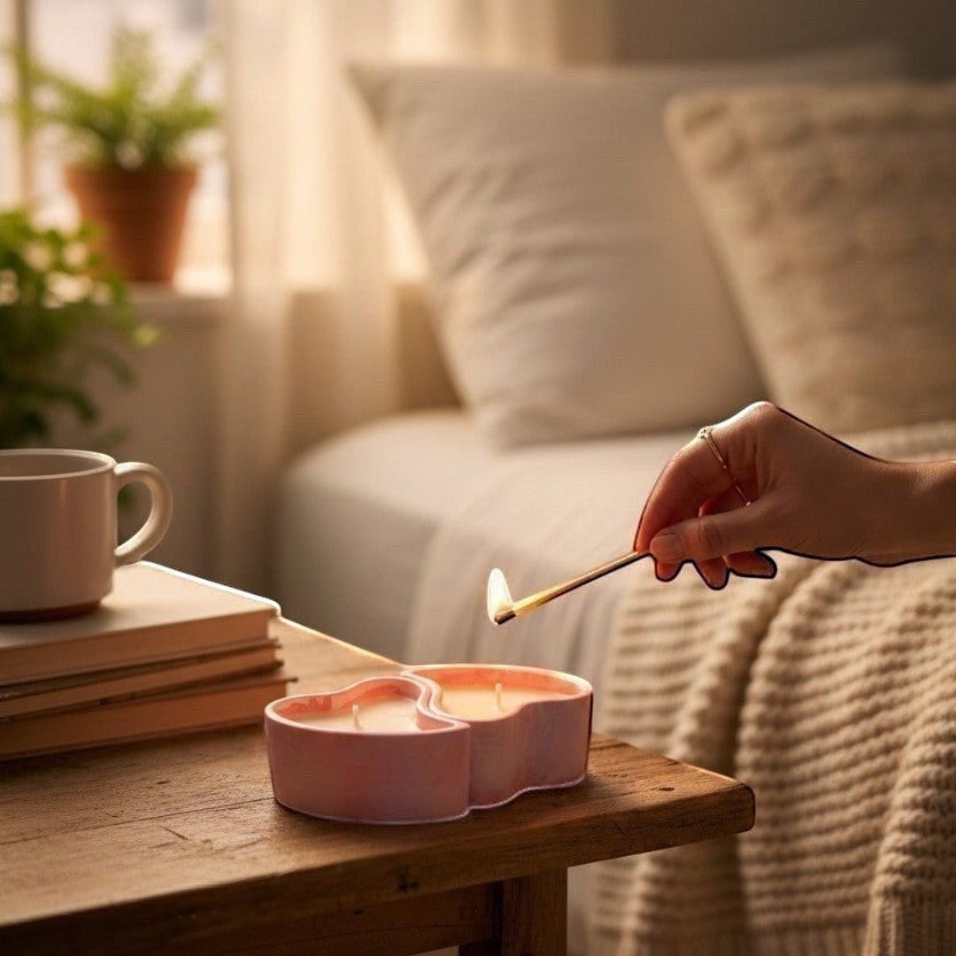 Doodlations Coffee Bar & Boutique heart-shaped concrete candle with salted honey soy wax, pink marbled finish.