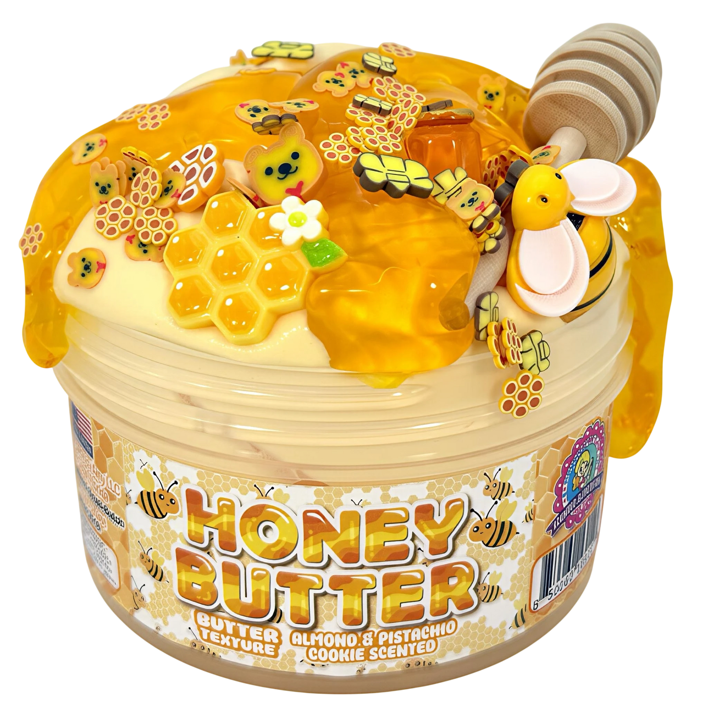 Doodlations Honey Butter Cookie Scented Slime with bee and honeycomb charms, creamy texture.