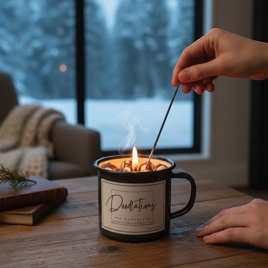Doodlations Hot Chocolate enamel camping mug candle with a lit wick and steam.