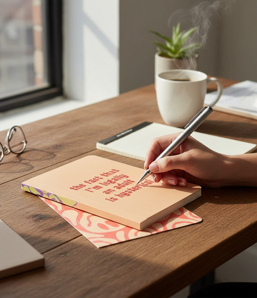 Doodlations Coffee Bar & Boutique peach notebook with red text that reads "the fact that i'm legally an adult is hysterical".