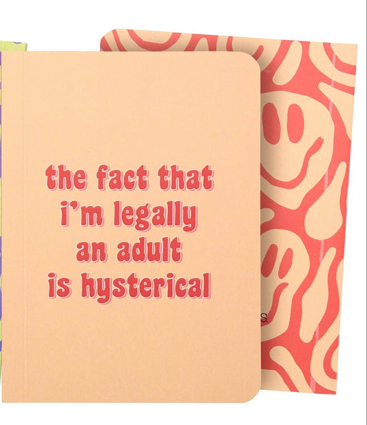 Doodlations Coffee Bar & Boutique peach notebook with red text that reads "the fact that i'm legally an adult is hysterical".