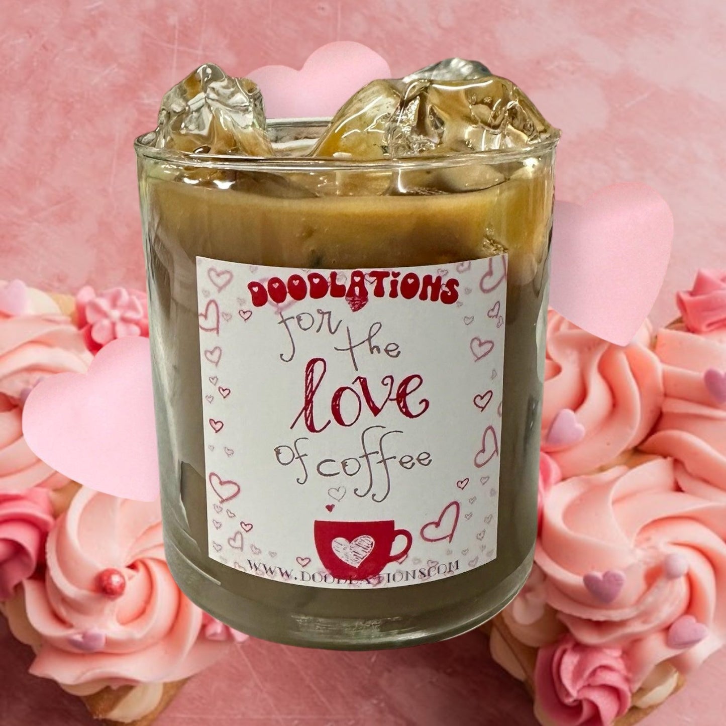 Doodlations Iced Hazelnut Coffee candle in a glass jar with a label that says "for the love of coffee".