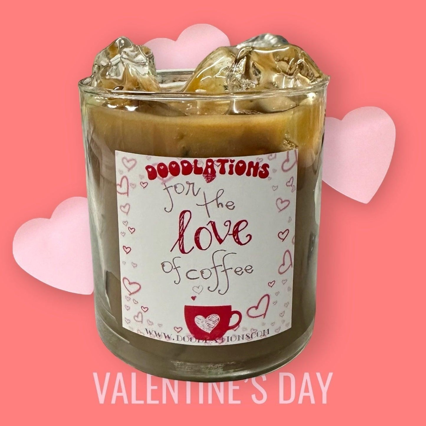Doodlations Iced Hazelnut Coffee candle in a glass jar with a label that says "for the love of coffee".