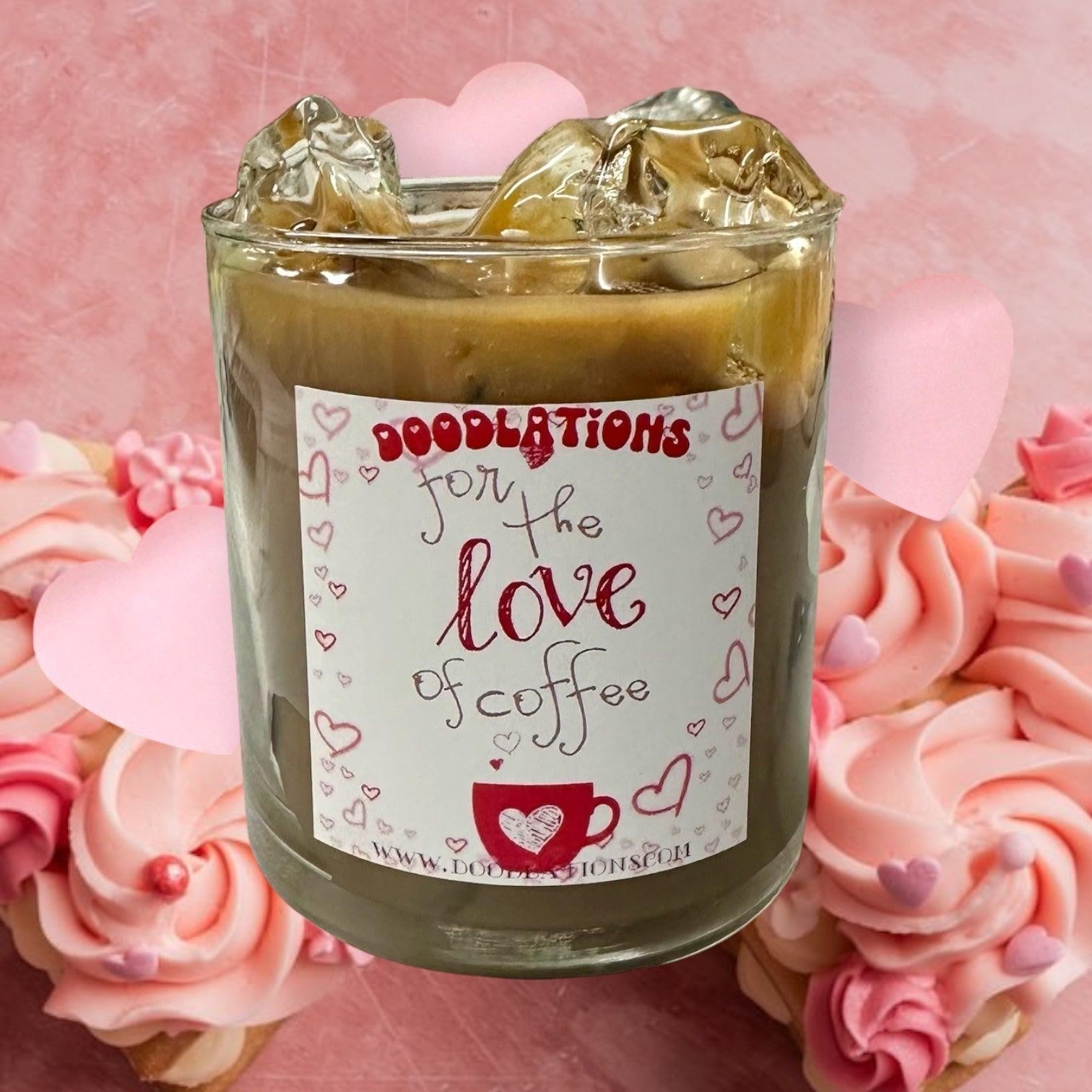 Doodlations Iced Hazelnut Coffee candle in a glass jar with a label that says "for the love of coffee".