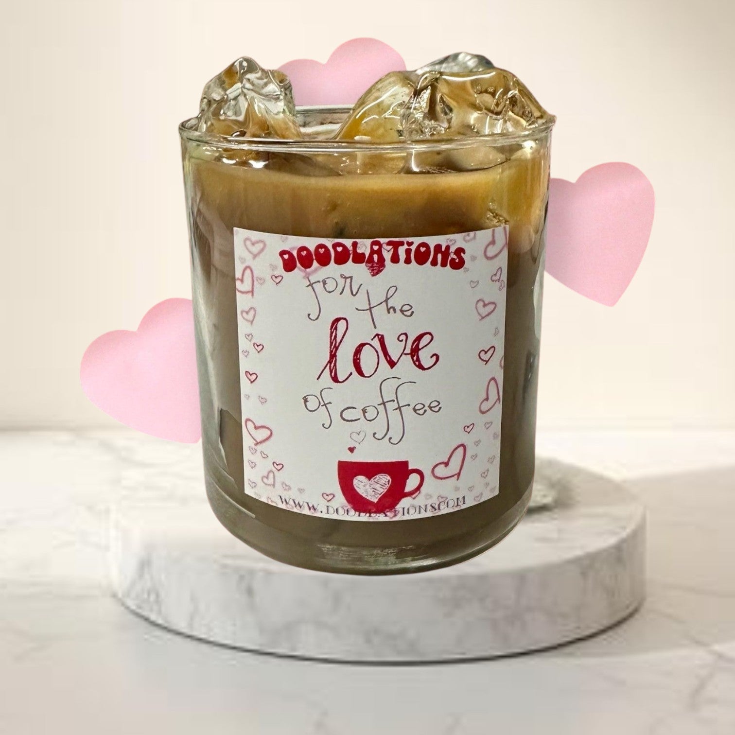 Doodlations Iced Hazelnut Coffee candle in a glass jar with a label that says "for the love of coffee".