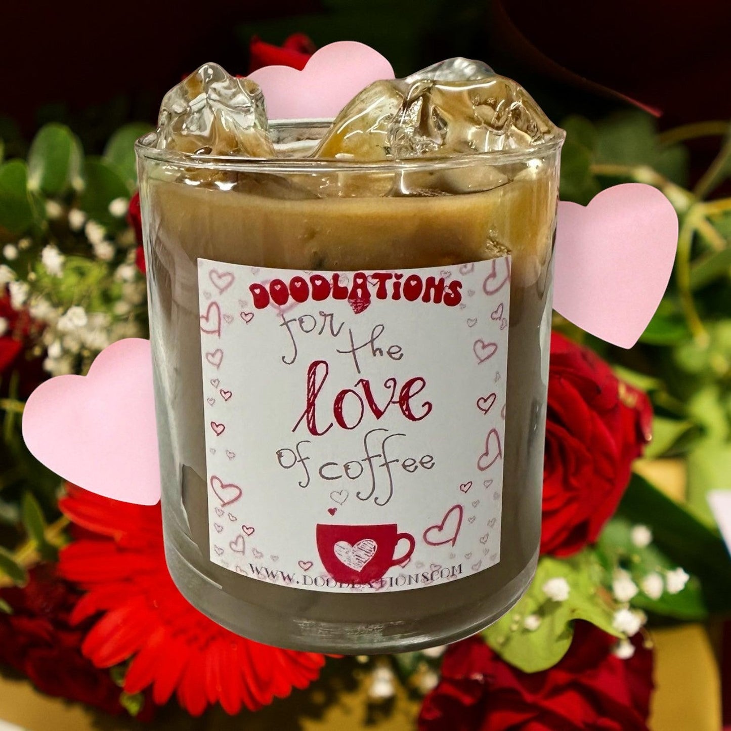Doodlations Iced Hazelnut Coffee candle in a glass jar with a label that says "for the love of coffee".