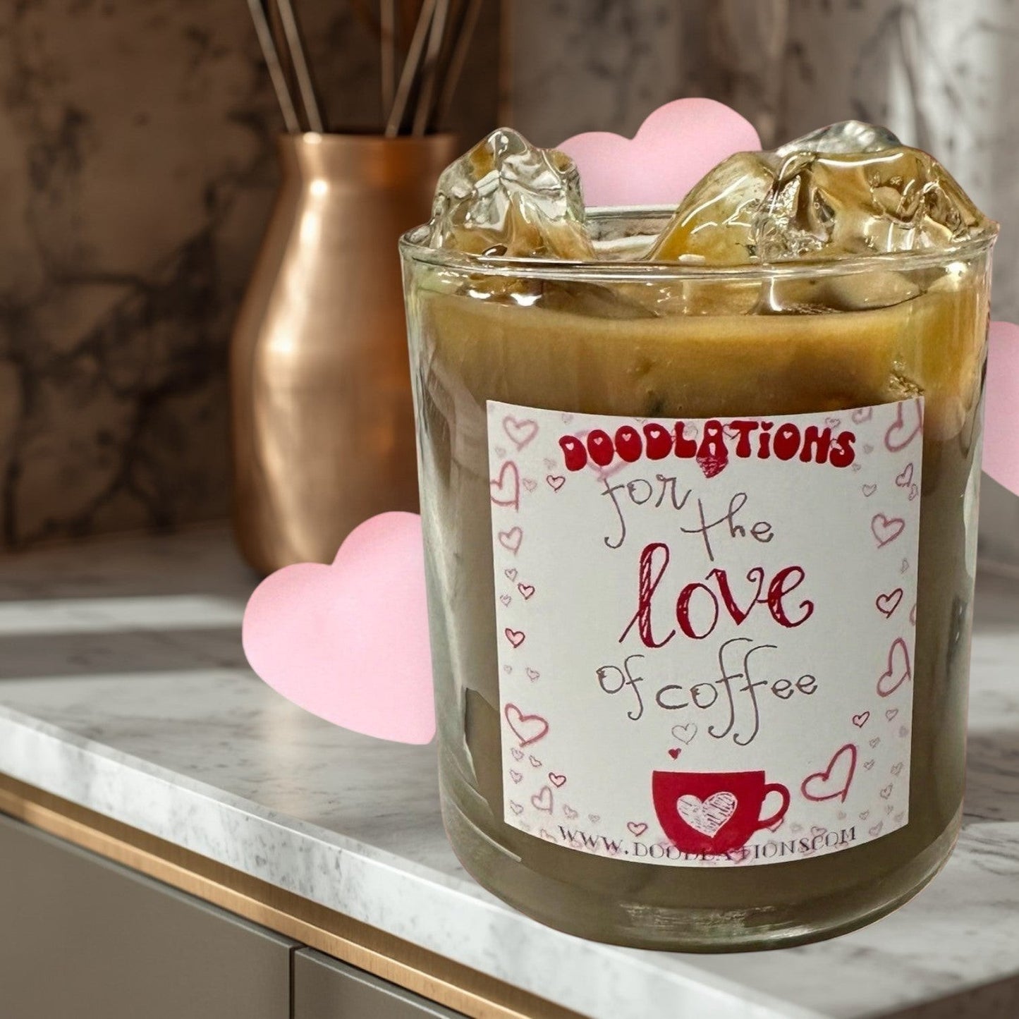 Doodlations Iced Hazelnut Coffee candle in a glass jar with a label that says "for the love of coffee".