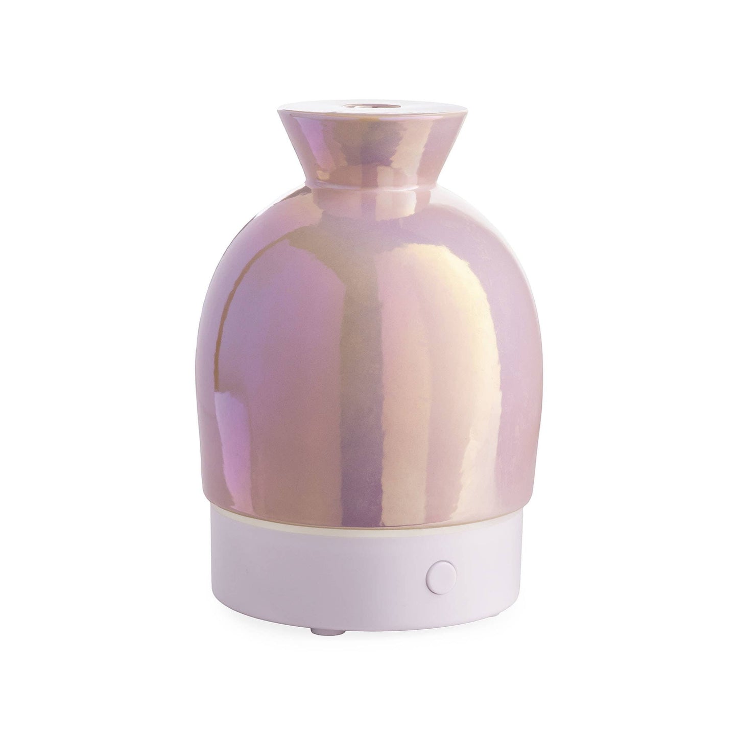 Doodlations Coffee Bar & Boutique iridescent aromatic diffuser with pearlescent hues and a white base.