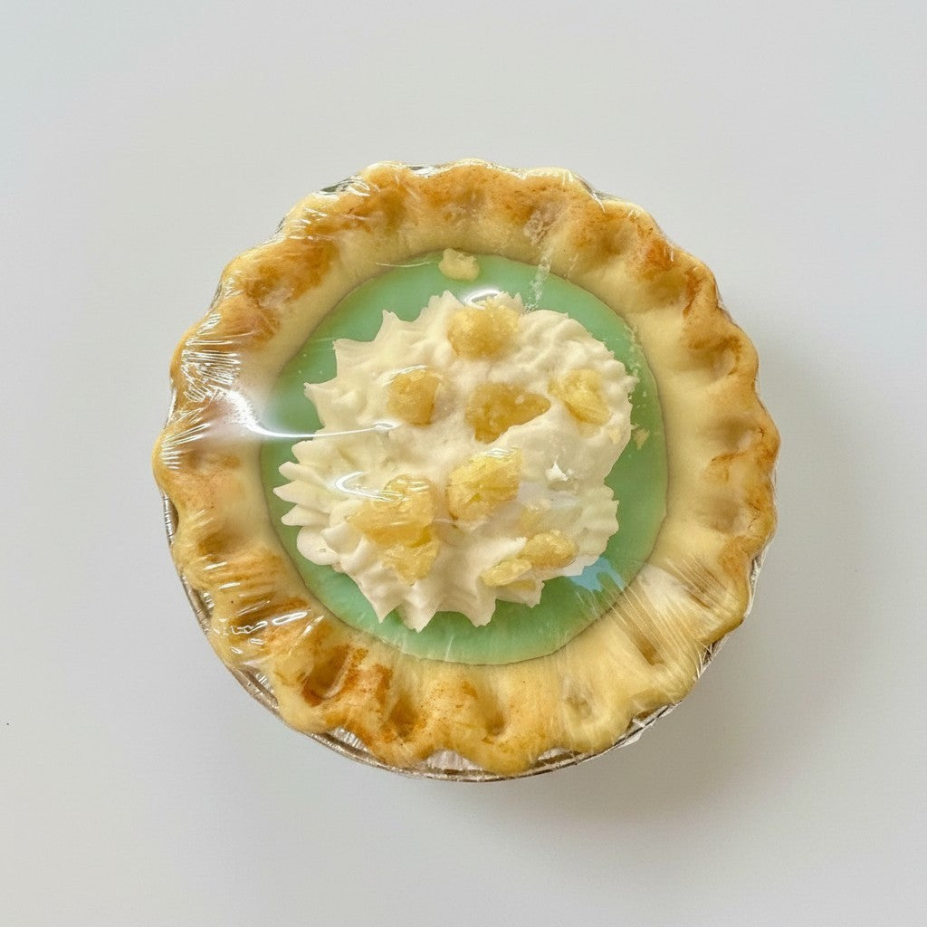 Doodlations Coffee Bar & Boutique Key Lime Pie candle with a golden crust, green filling, and whipped topping with crumble.