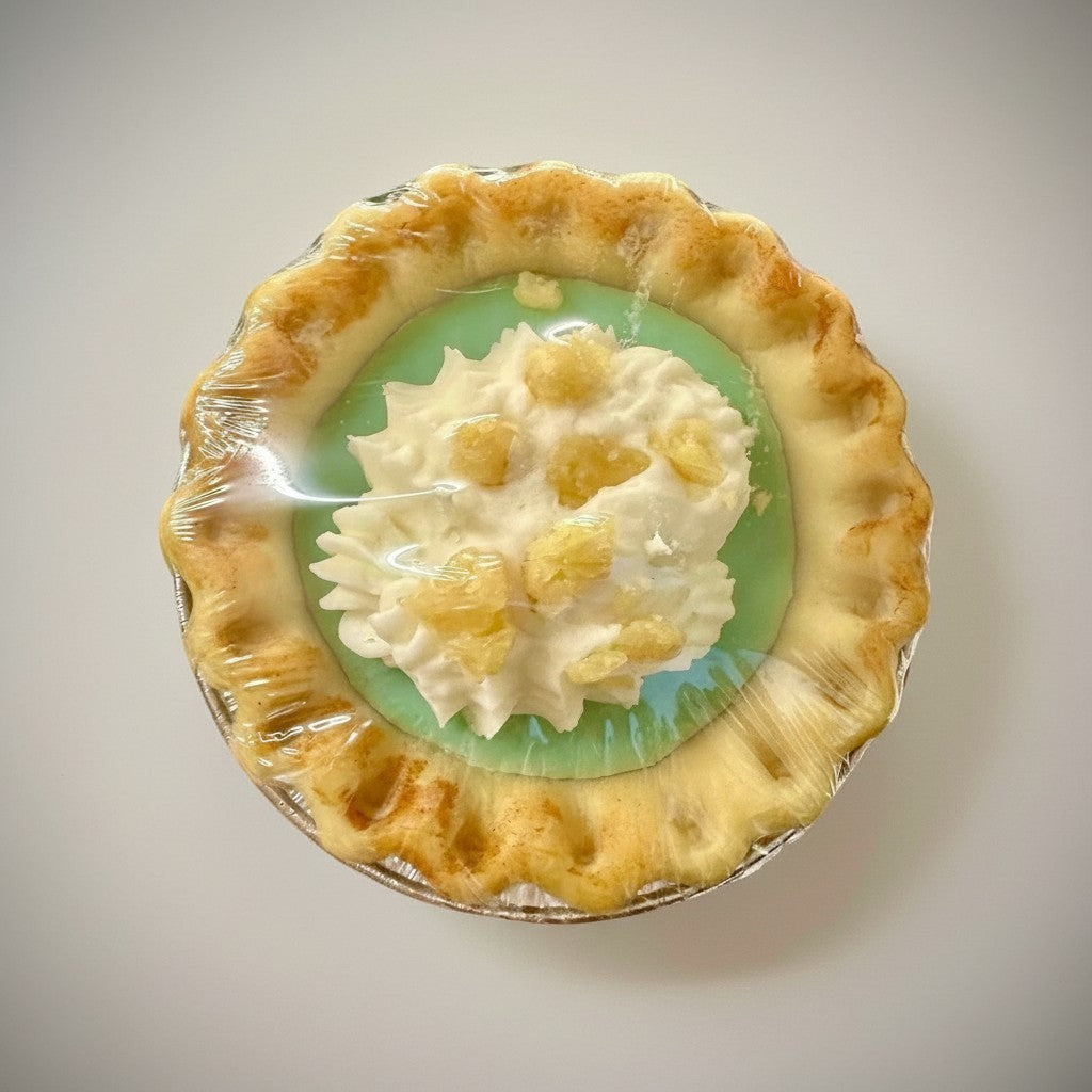 Doodlations Coffee Bar & Boutique Key Lime Pie candle with a green filling, whipped topping, and crumble.