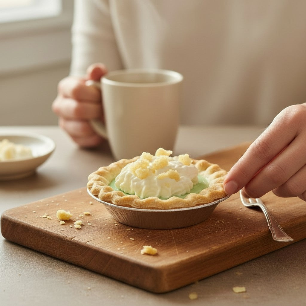 Doodlations Coffee Bar & Boutique Key Lime Pie candle with whipped topping and crumble, a delicious dessert-themed home fragrance.