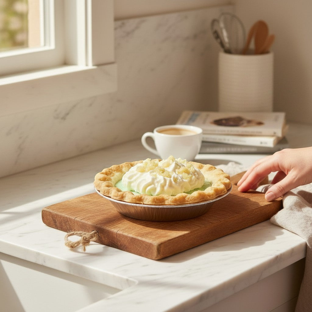 Doodlations Coffee Bar & Boutique Key Lime Pie candle with whipped topping and crumble, a slice being taken with a fork.