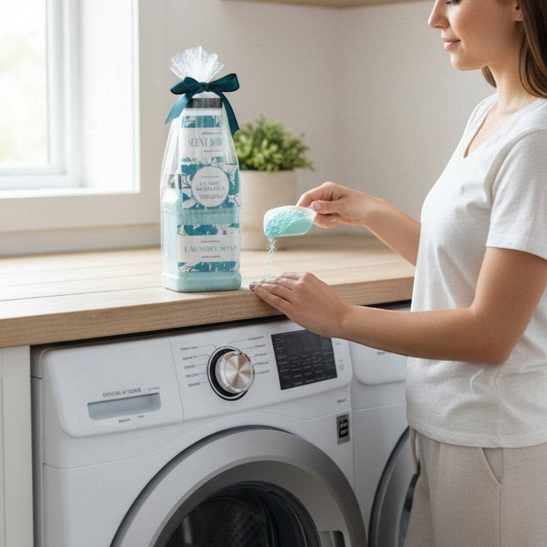 Doodlations Laundry Bundle with powdered detergent and scent booster in Narcissist scent, packaged in clear plastic with a teal ribbon.