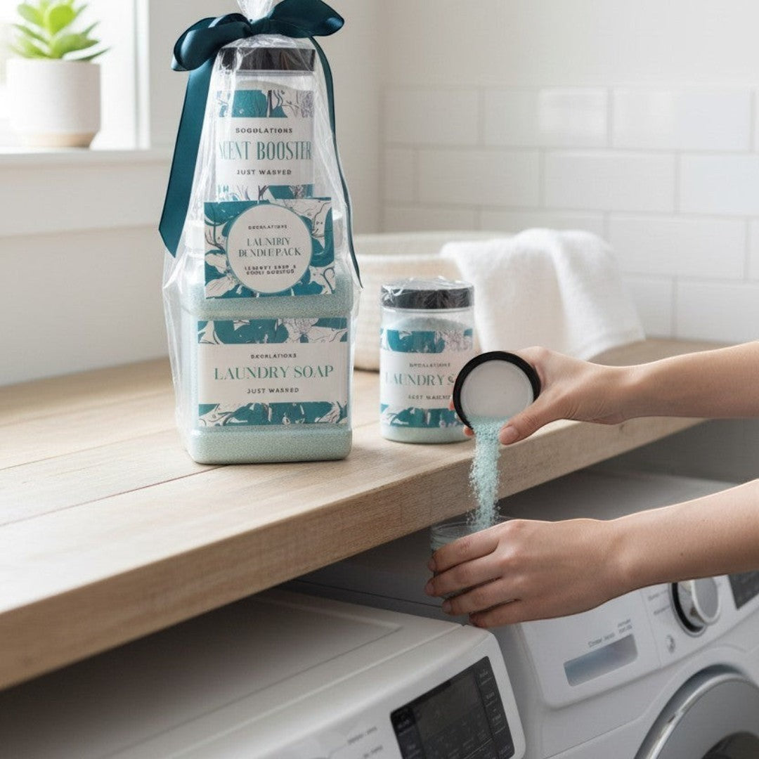 Doodlations Coffee Bar & Boutique Laundry Bundle with powdered detergent and scent booster in teal packaging, tied with a dark teal ribbon.