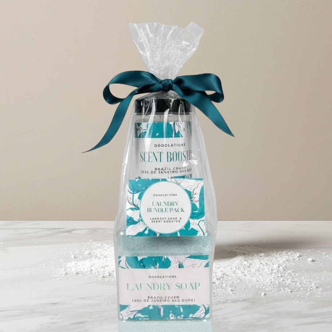 Doodlations Coffee Bar & Boutique laundry bundle pack with powdered laundry soap and scent booster in Brazil Crush scent.