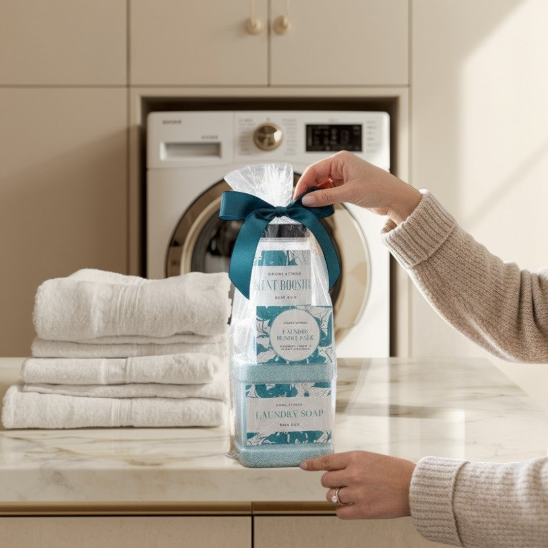 Doodlations Laundry Bundle includes powdered laundry soap and scent booster in blue packaging with teal ribbon.