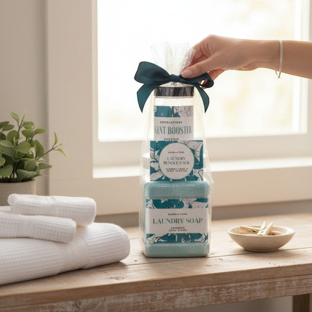 Doodlations Coffee Bar & Boutique laundry bundle pack with powdered laundry soap and scent booster in 'Goddess' scent, presented in a clear bag with a teal ribbon.