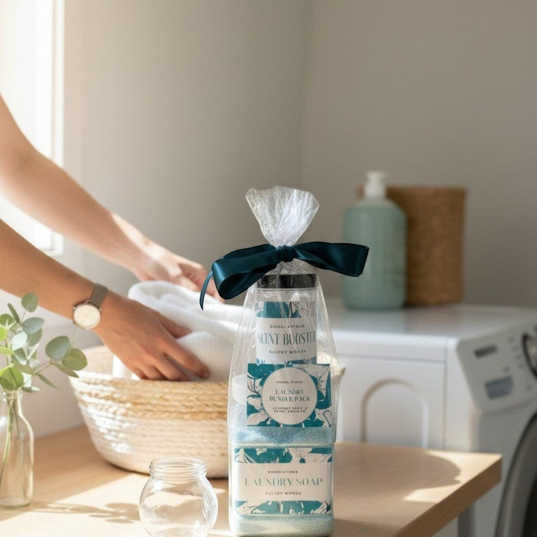 Doodlations Laundry Bundle featuring powdered laundry soap and scent booster in Sultry Woods scent, packaged in a clear bag with a teal ribbon.