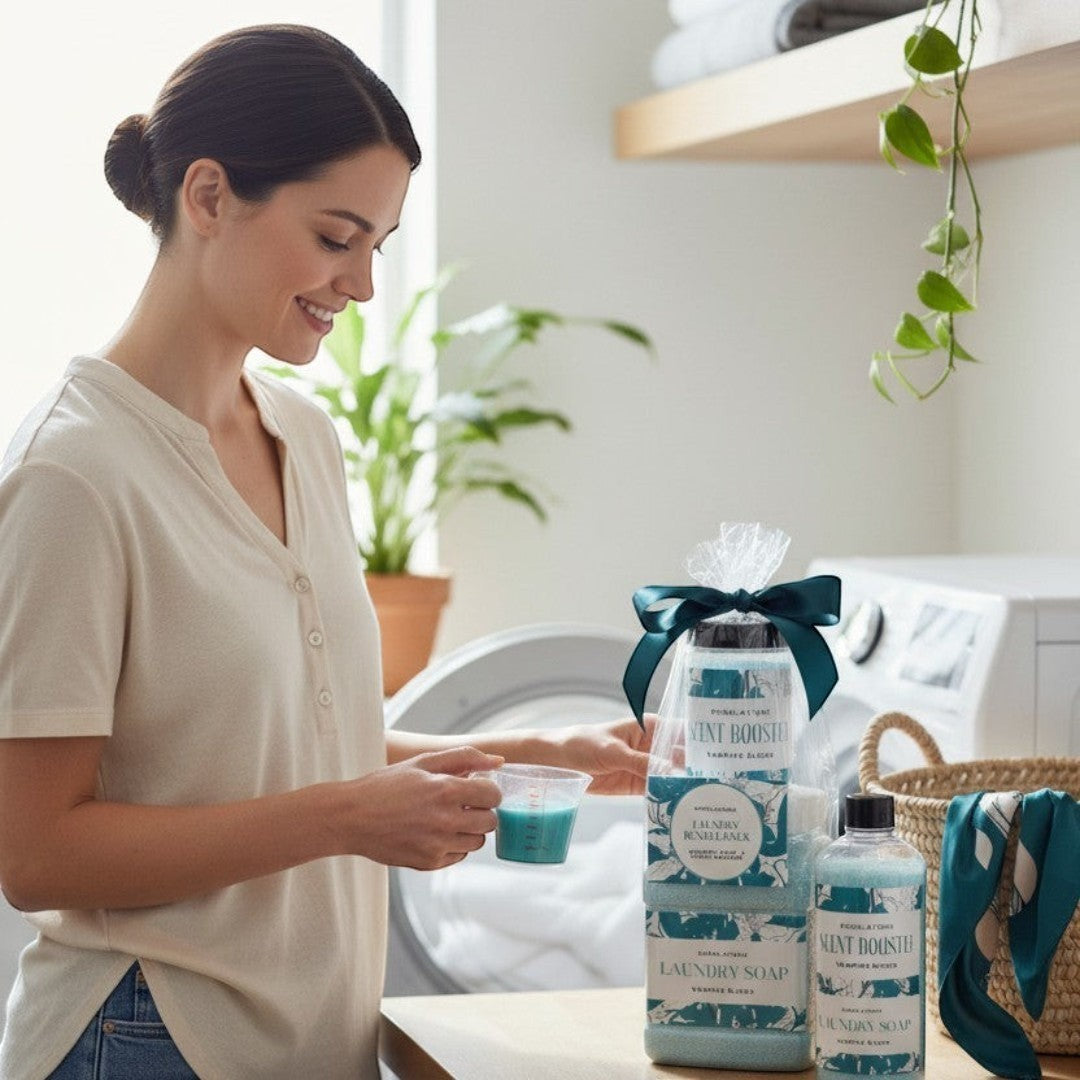 Doodlations Coffee Bar & Boutique laundry bundle with powdered detergent and scent booster in Vampire Blood scent, packaged with a teal ribbon.