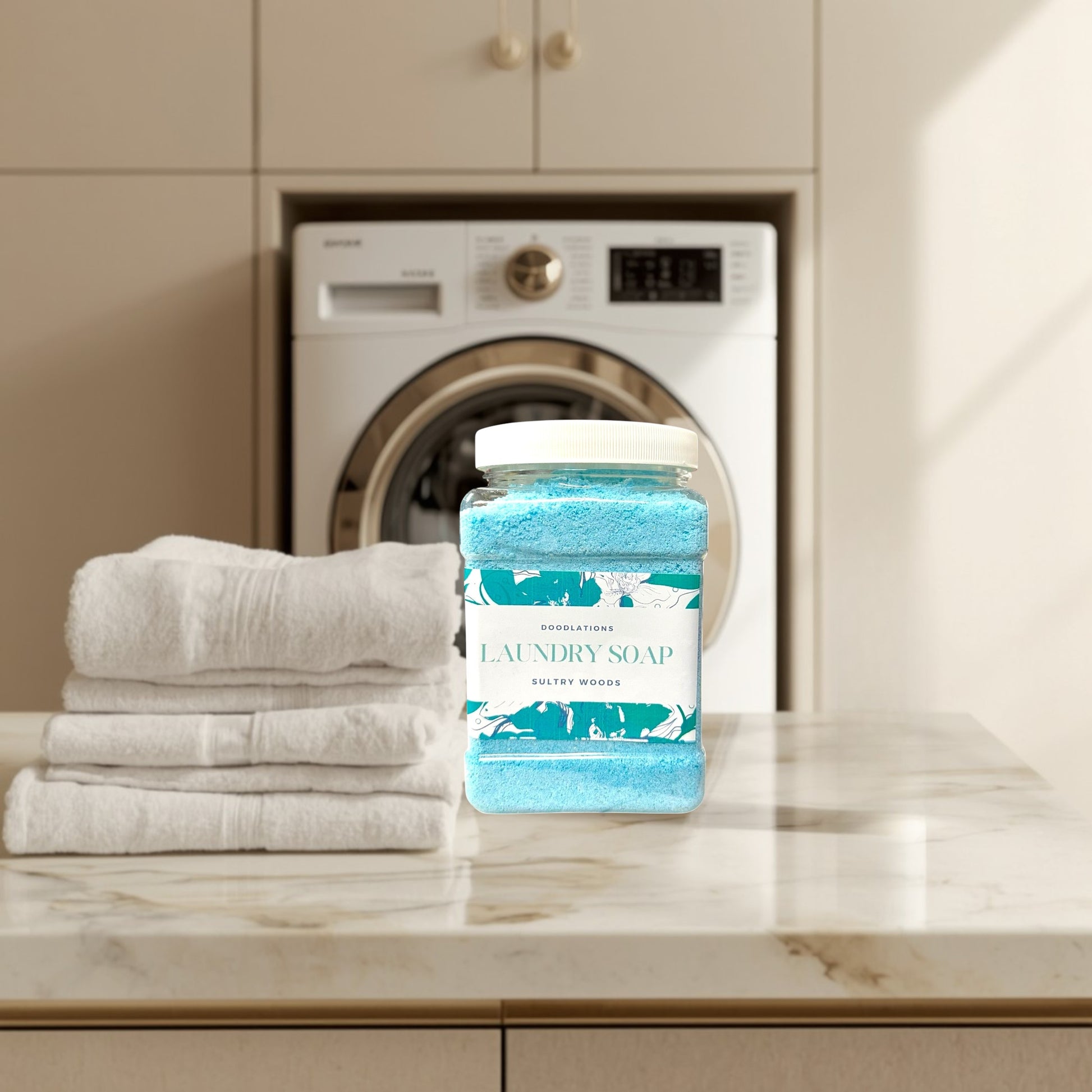 Doodlations Sultry Woods powder laundry detergent in a clear jar with a white lid. Blue powder fills the jar.