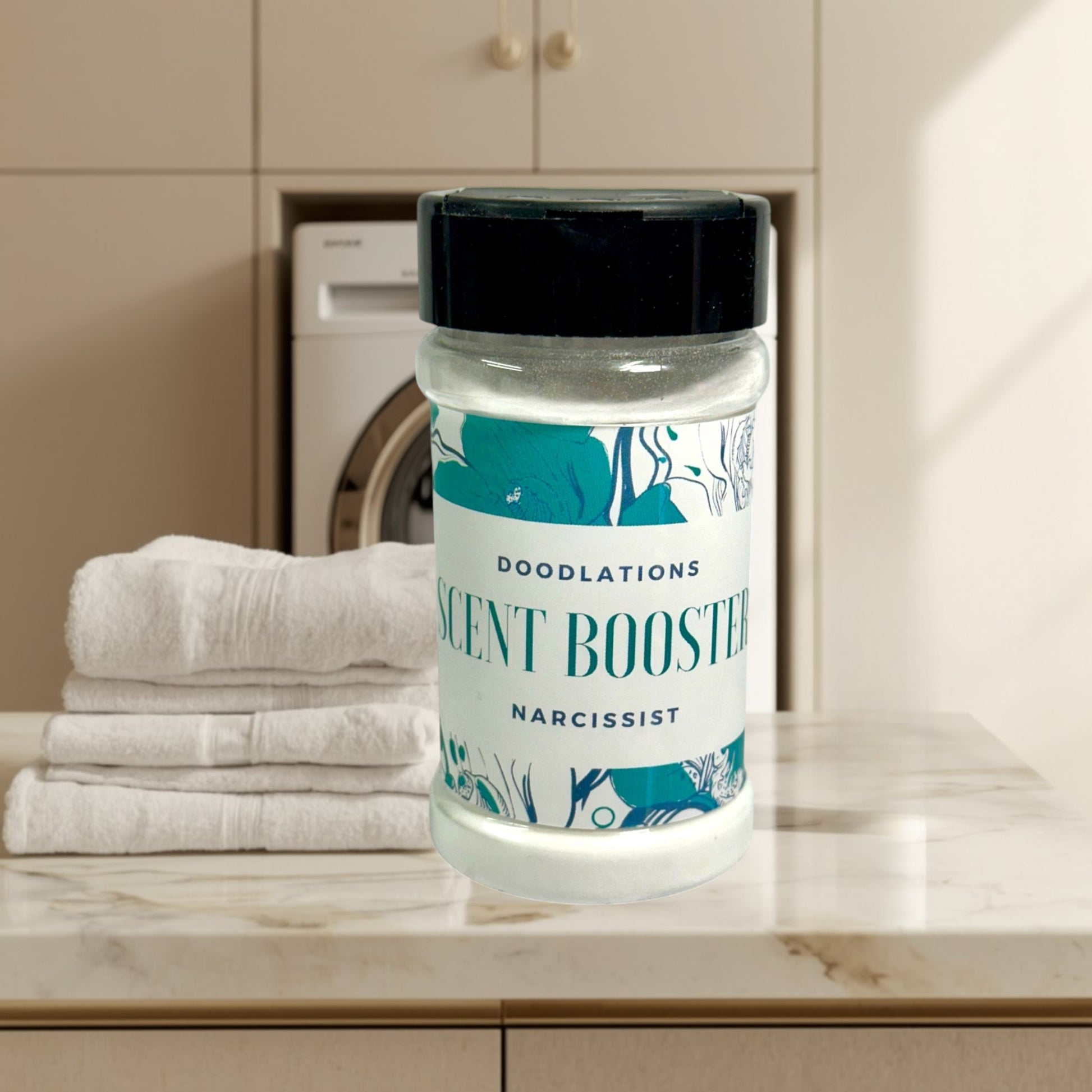 Doodlations Narcissist laundry scent booster in a clear plastic bottle with a black lid and floral design.