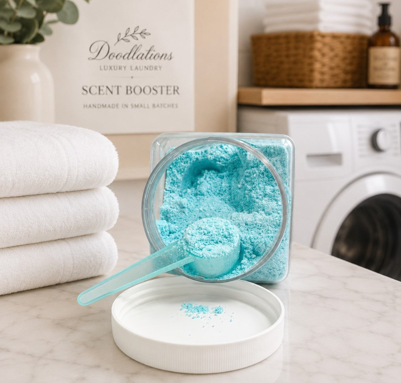 Doodlations Powder Laundry Detergent in Mediterranean Mist scent, light blue granules in a clear plastic jar with a white lid.