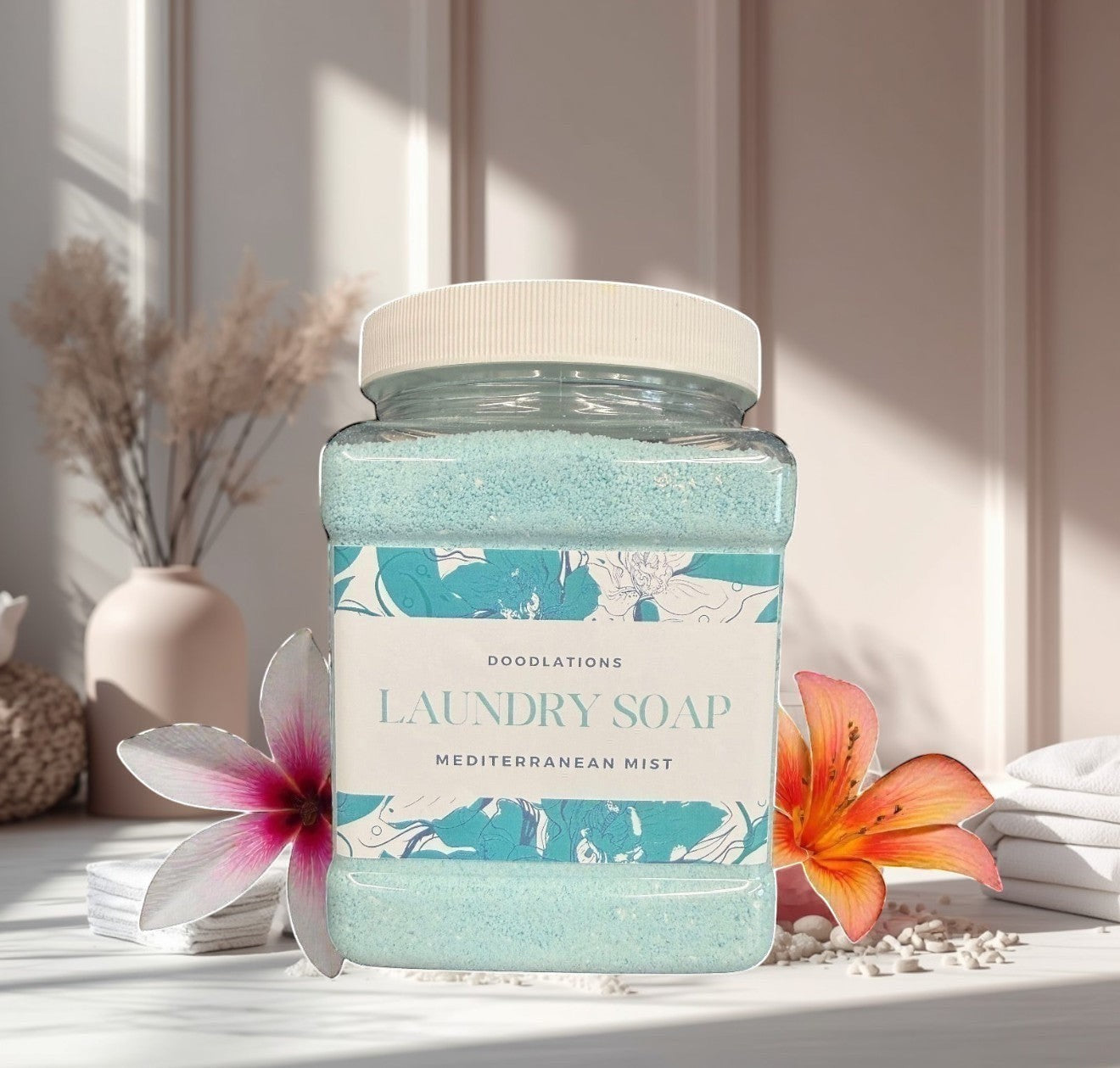 Doodlations Mediterranean Mist powder laundry soap in a clear jar with a floral label. Blue powder.