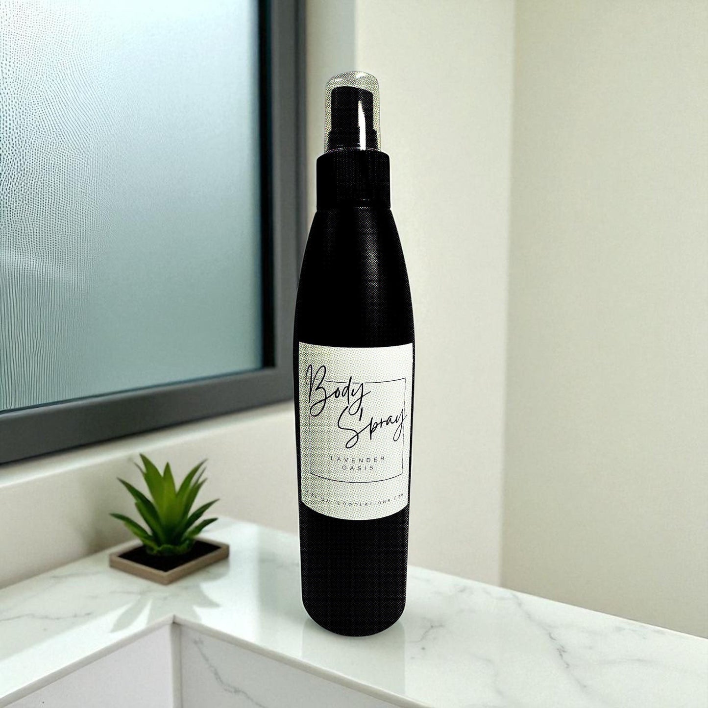 Doodlations Coffee Bar & Boutique Lavender Oasis moisturizing body spray in a black bottle with a white label.