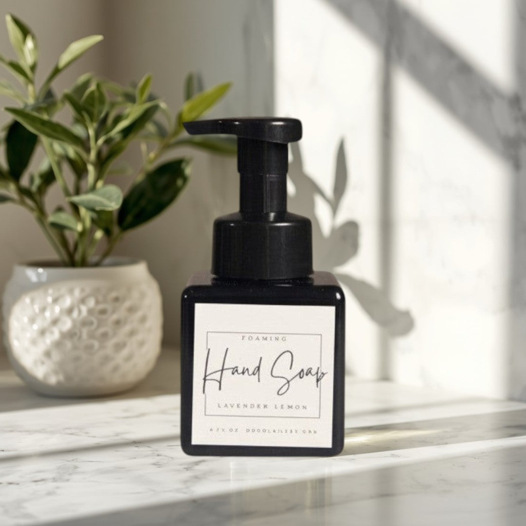 Doodlations Lavender & Lemon Foaming Hand Soap in a black square bottle with a white label.