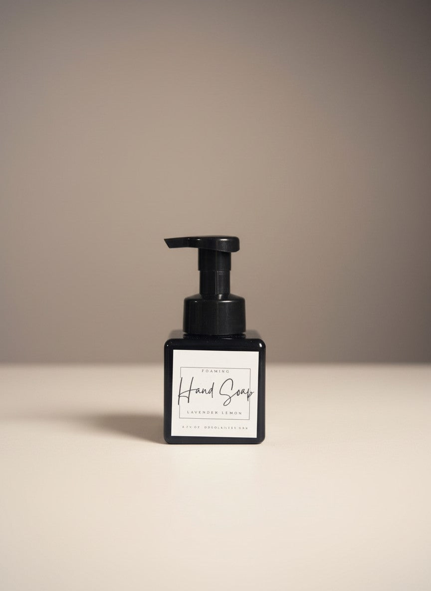 Doodlations Lavender & Lemon Foaming Hand Soap in a black square bottle with a white label.