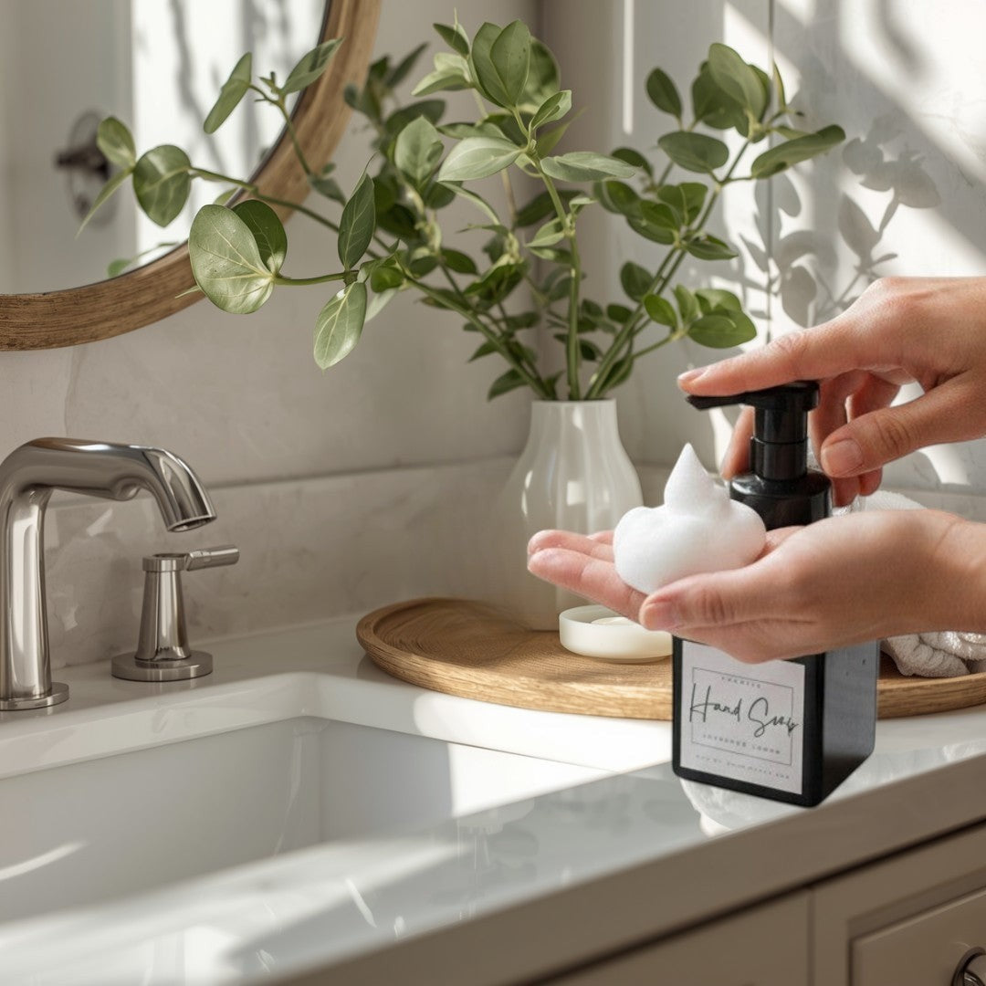 Doodlations Coffee Bar & Boutique Lavender & Lemon foaming hand soap in a black square bottle with a white label.