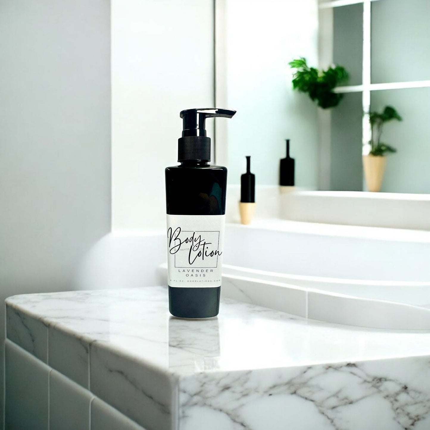 Doodlations Coffee Bar & Boutique black pump bottle of Lavender Oasis body lotion on marble counter.