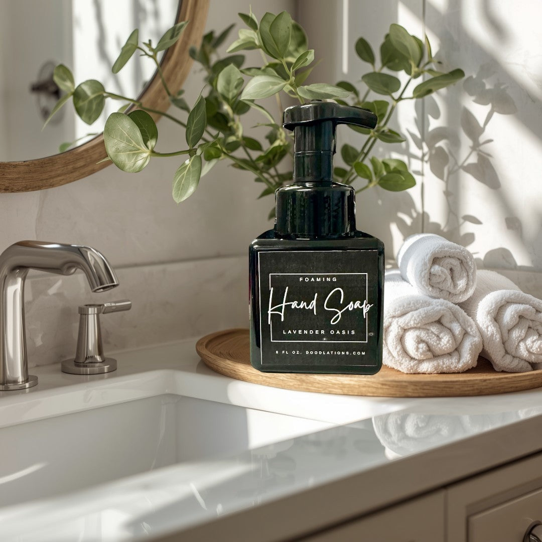 Doodlations Lavender Oasis foaming hand soap in a black square bottle with a white label. 8 fl oz.