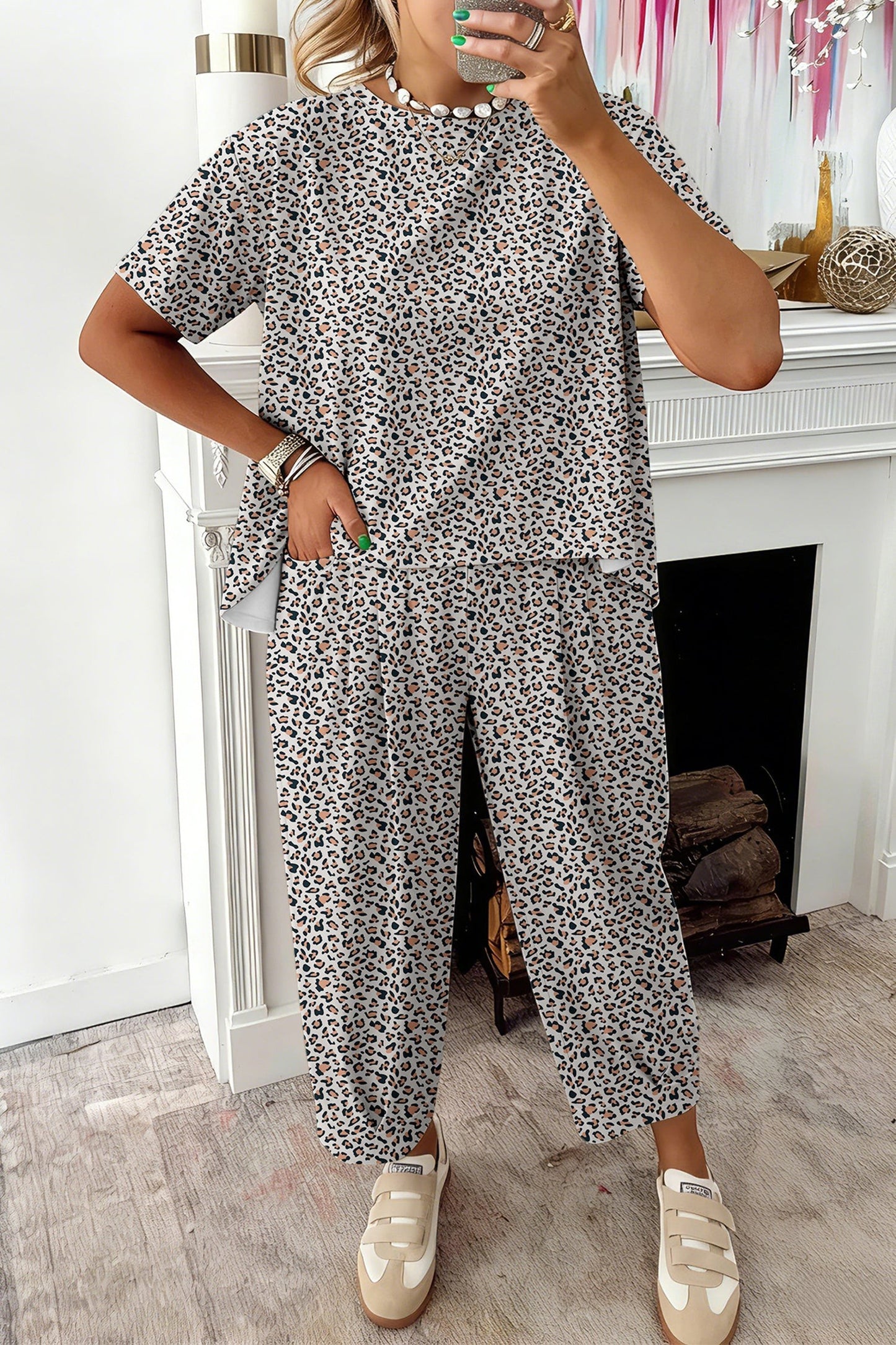 Doodlations Coffee Bar & Boutique leopard print lounge set with t-shirt and cropped pants. Comfortable, breathable fabric.
