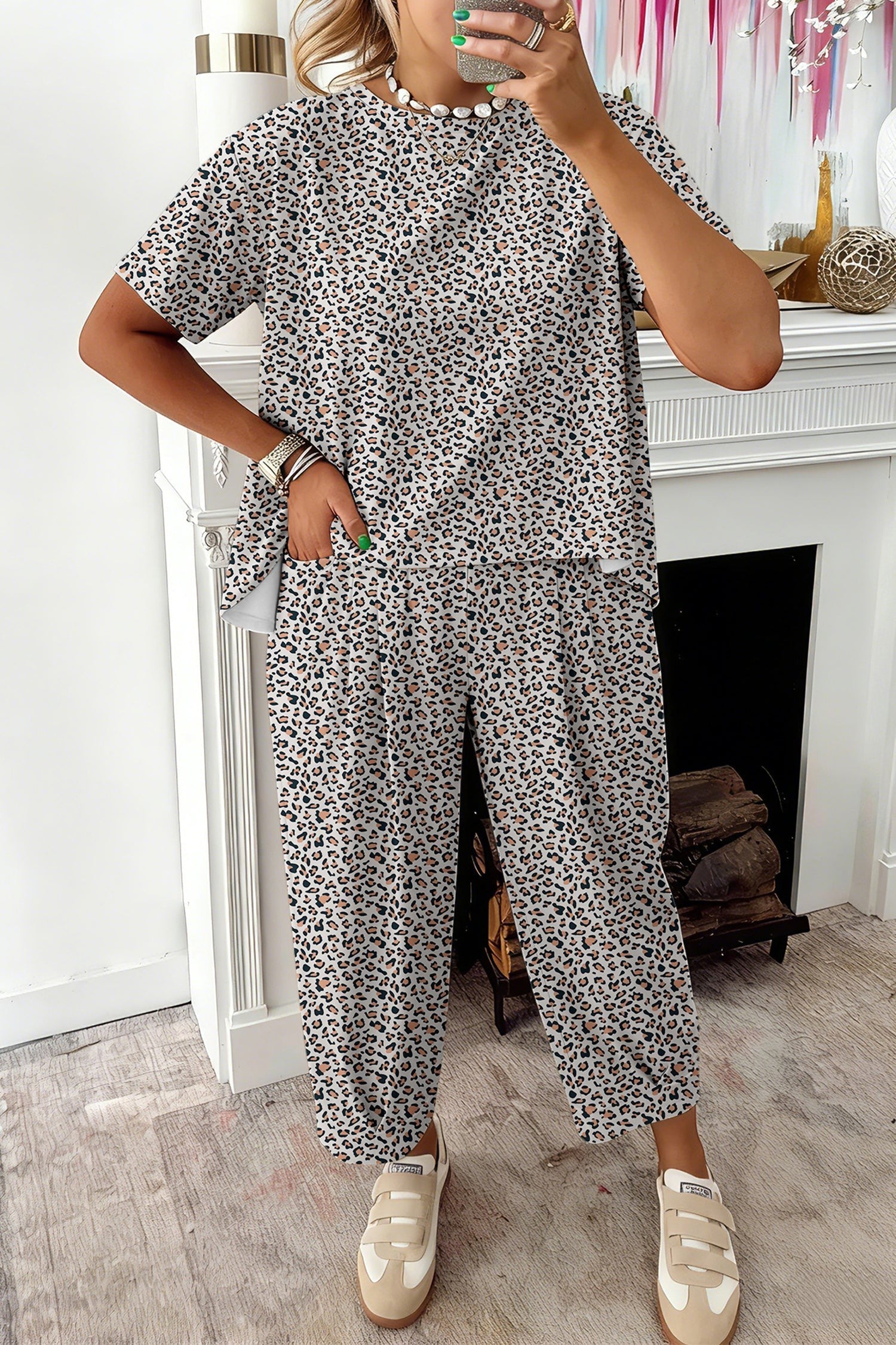 Doodlations Coffee Bar & Boutique leopard print lounge set with t-shirt and cropped pants. Comfortable, breathable fabric.