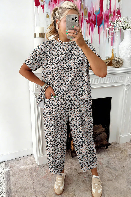 Doodlations Coffee Bar & Boutique leopard print lounge set with t-shirt and cropped pants.