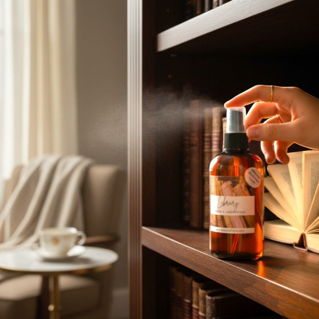 Doodlations Coffee Bar & Boutique Library Room & Linen Spray with teakwood, cedar, leather, sandalwood, musk, and patchouli notes.