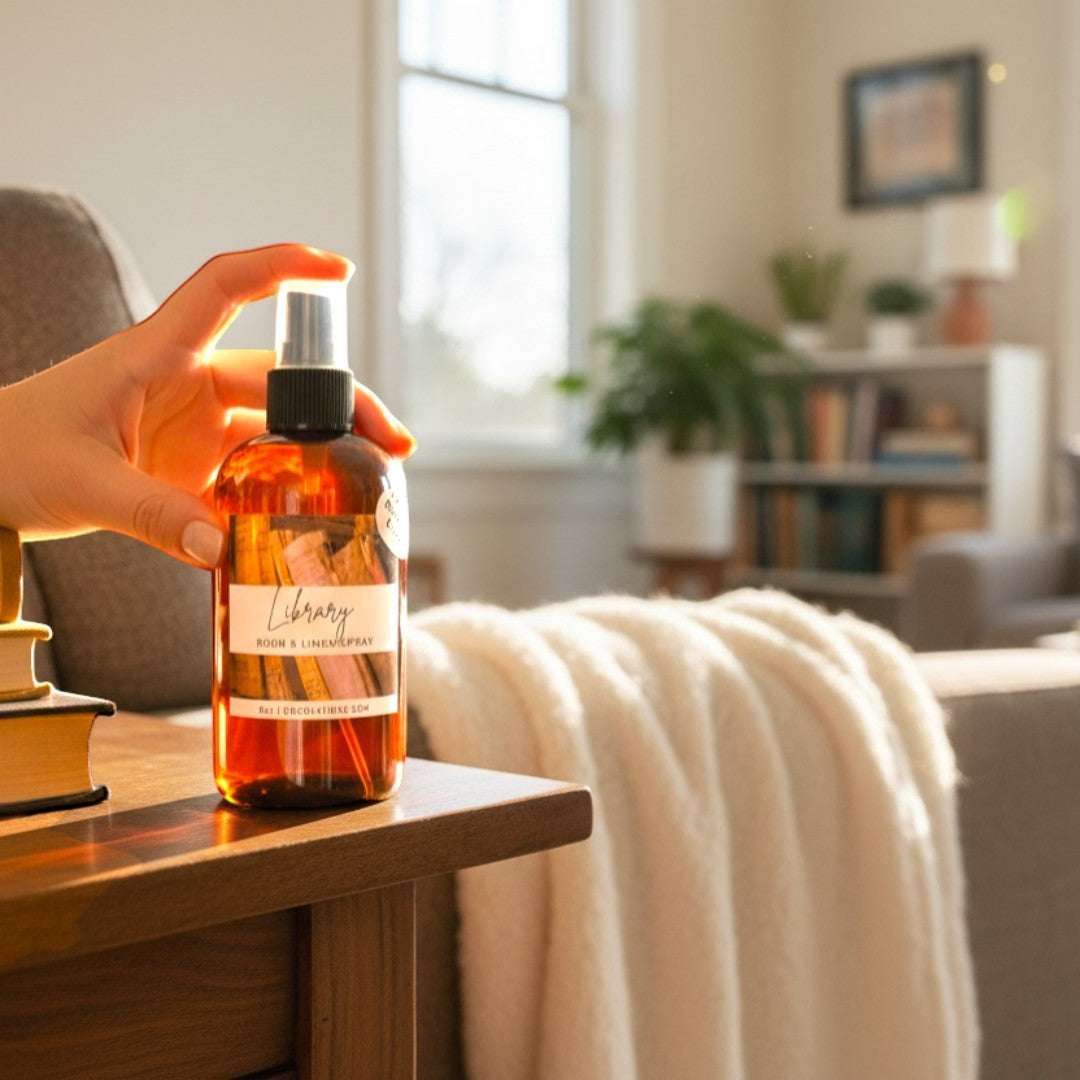 Doodlations Coffee Bar & Boutique Library room and linen spray in amber bottle with teakwood, cedar, leather scent.