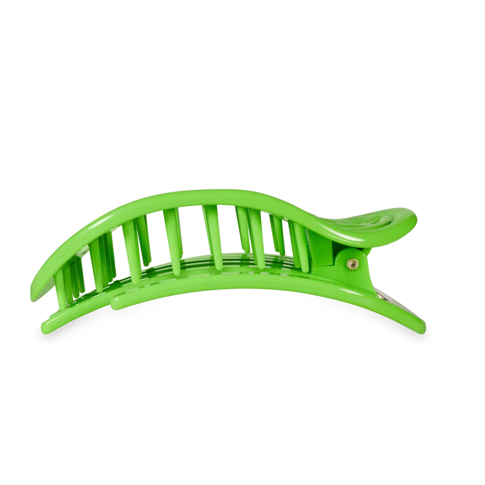Doodlations Coffee Bar & Boutique lime green flat round hair clip with a secure hold for updos.