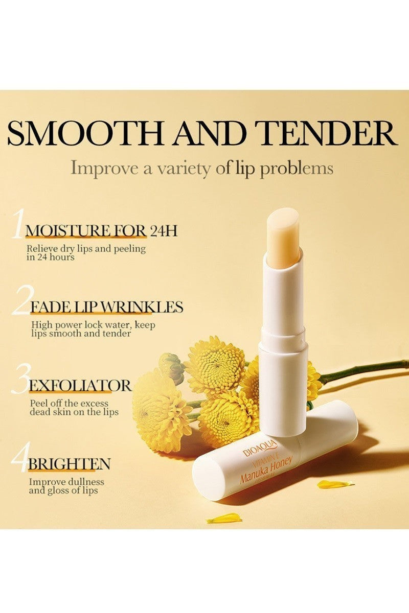 Doodlations Coffee Bar & Boutique Nourishing Lip Balm Stick with Manuka Honey for hydration and wrinkle reduction.