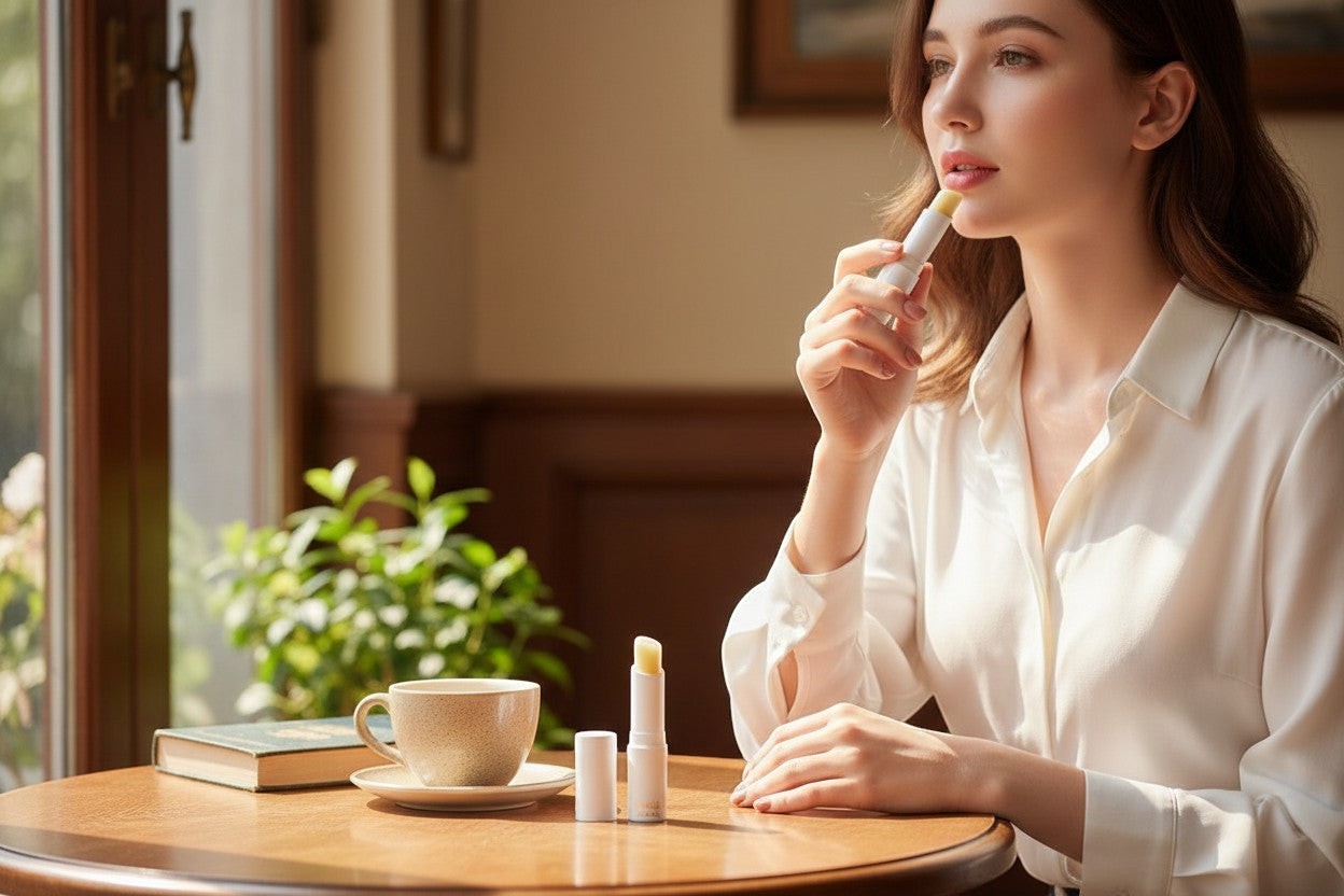 Doodlations Coffee Bar & Boutique Nourishing Lip Balm Stick being applied by a woman in a white shirt.
