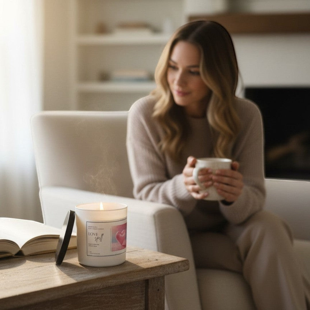 Doodlations Love Spell 8oz parasoy blend candle with a fruity floral scent and a pink heart graphic.