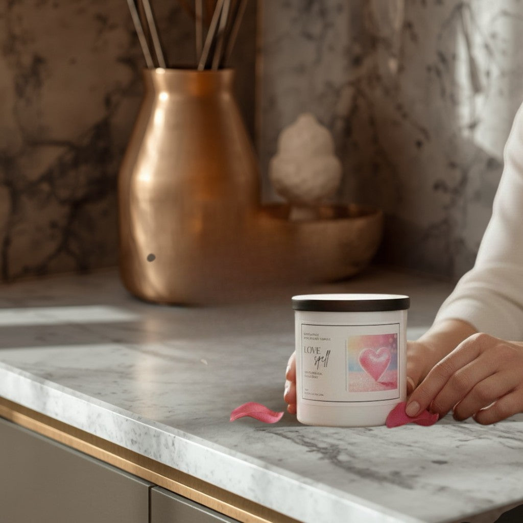 Doodlations Coffee Bar & Boutique Love Spell scented candle with a lit flame and steam rising from a nearby mug.