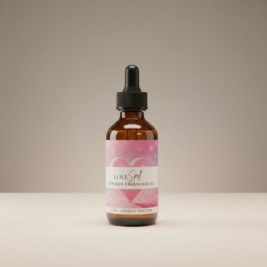 Doodlations Coffee Bar & Boutique Love Spell diffuser fragrance oil in amber glass bottle with dropper. Pink heart graphic on label.