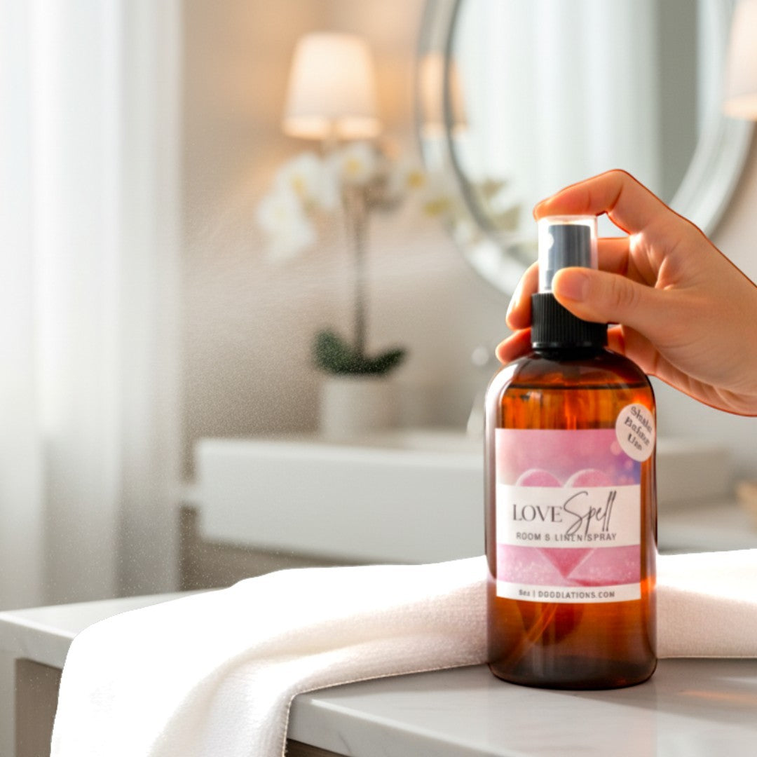 Doodlations Coffee Bar & Boutique Love Spell Room & Linen Spray, amber bottle with pink label, misting.