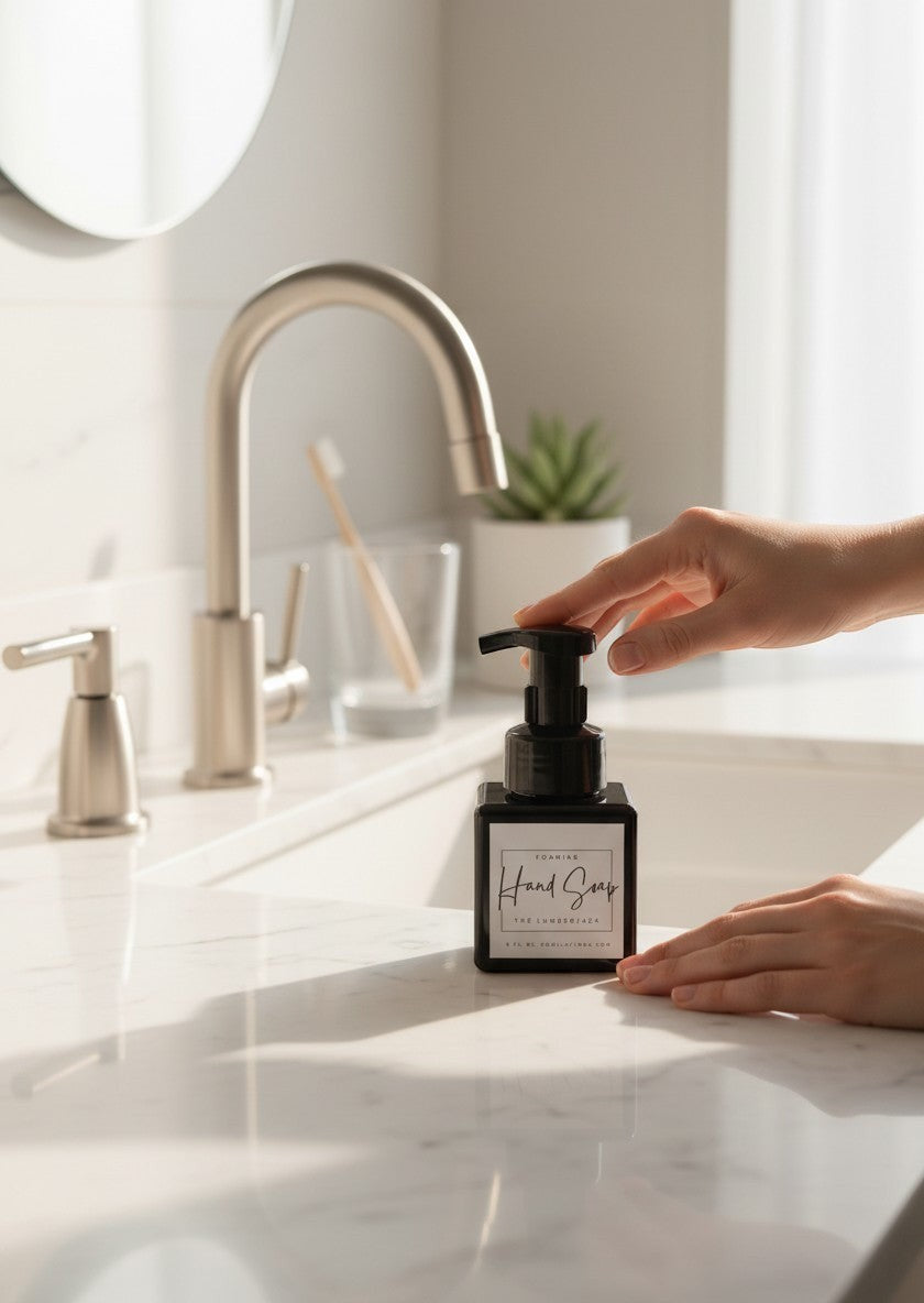 Doodlations Coffee Bar & Boutique The Lumberjack Foaming Hand Soap in minimalist black bottle with white label.